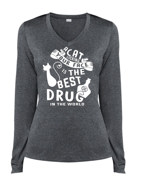 A Cat Licking Your Face Is The Best Drug In The World T Shirt, My Life T Shirt (Ladies LS Heather V-Neck)