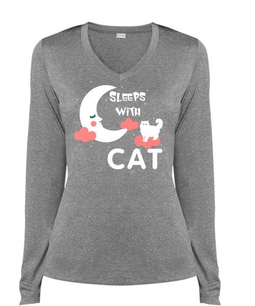 Sleeps With Cat T Shirt, My Pets T Shirt, I Love My Cat T Shirt (Ladies LS Heather V-Neck)
