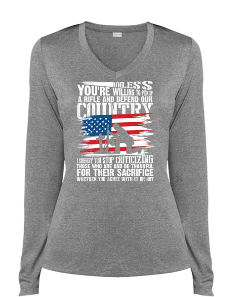 Defend Our Country T Shirt, Being A Veteran T Shirt, Cool Shirt (Ladies LS Heather V-Neck)