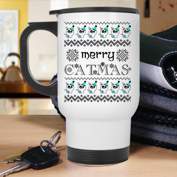 Christmas Gift For Cat Lover Travel Mug, Merry Catmas Mug
