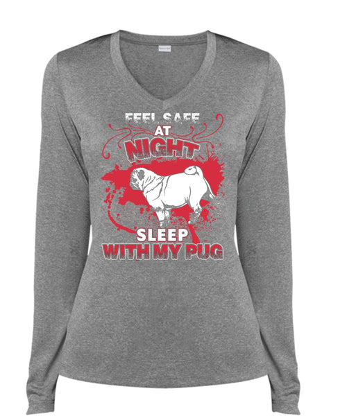 Sleep With My Pug T Shirt, Feel Safe At Night T Shirt, Cool Shirt (Ladies LS Heather V-Neck)