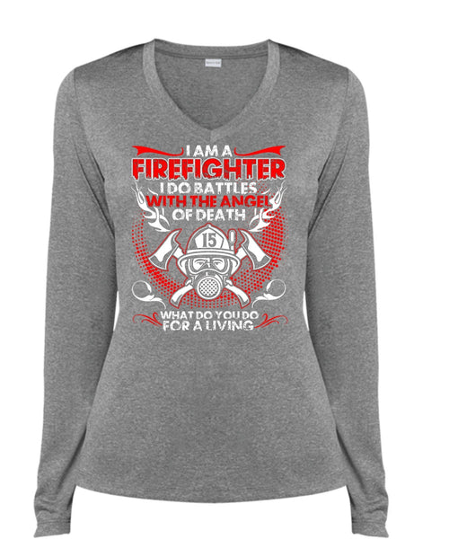 I Am A Firefighter T Shirt, The Angel Of Death T Shirt, Cool Shirt (Ladies LS Heather V-Neck)