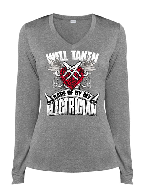 Care Of By My Electrician T Shirt, Being An Electrician T Shirt, Cool Shirt (Ladies LS Heather V-Neck)