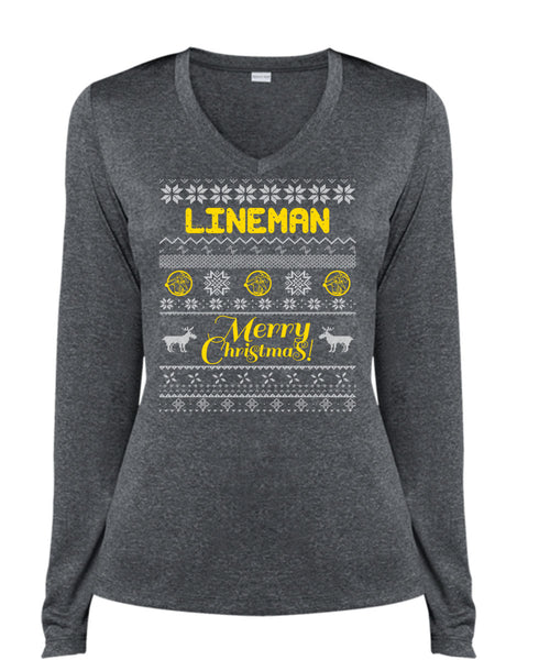 Lineman Merry Christmas T Shirt, Being A Lineman T Shirt, Cool Shirt (Ladies LS Heather V-Neck)