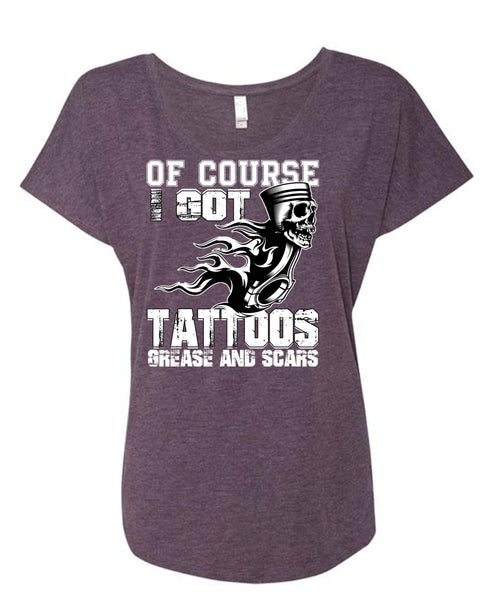I Got Tattoos Grease T Shirt, I Love Mechanic T Shirt, Cool Shirt (Ladies' Triblend Dolman Sleeve)