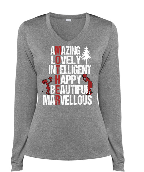 Amazing Lovely Intelligent Happy T Shirt, Being A Mom T Shirt, Cool Shirt (Ladies LS Heather V-Neck)