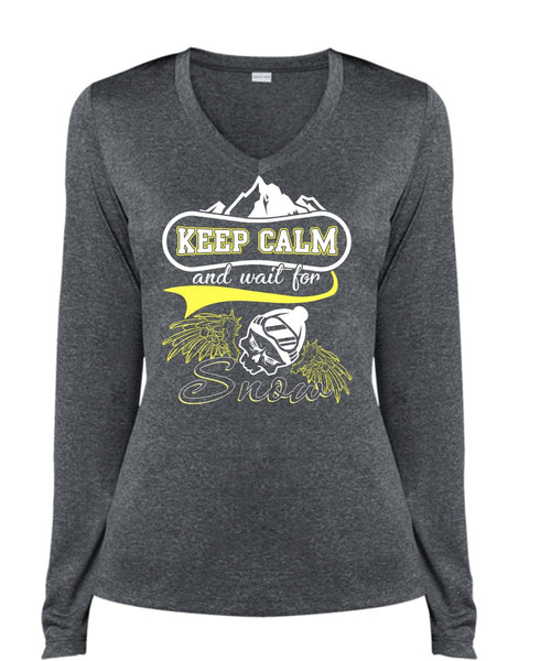Keep Calm And Wait For Snow T Shirt, Being A Skier T Shirt, Cool Shirt (Ladies LS Heather V-Neck)