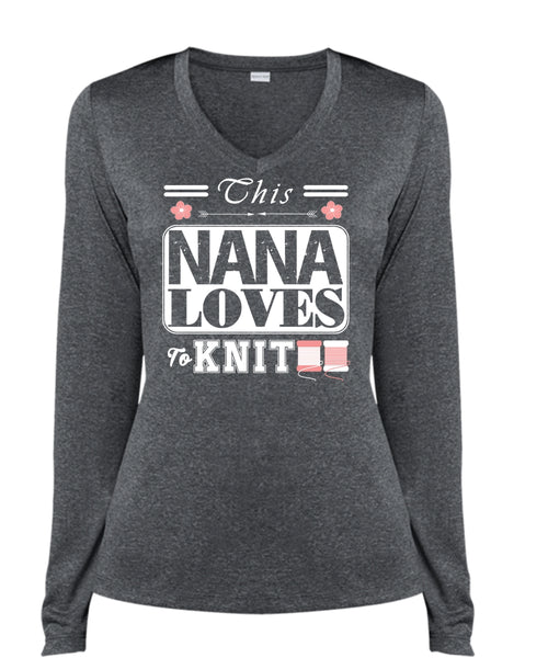 This Nana Loves To Knit T Shirt, Mother's Day T Shirt, Favorite T Shirt (Ladies LS Heather V-Neck)