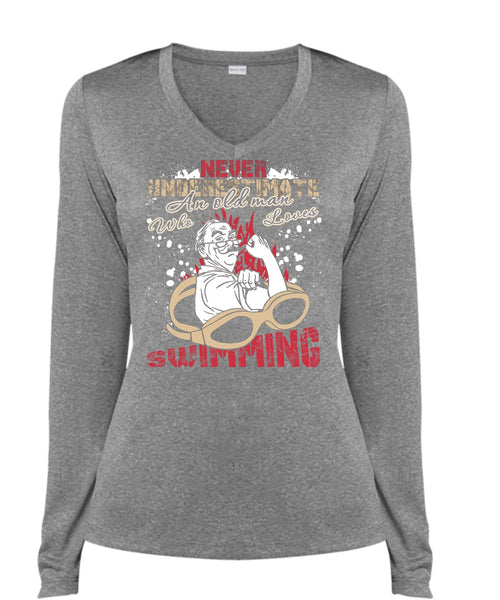 Old Man Who Loves Swimming T Shirt, Being A Swimmer T Shirt, Cool Shirt (Ladies LS Heather V-Neck)