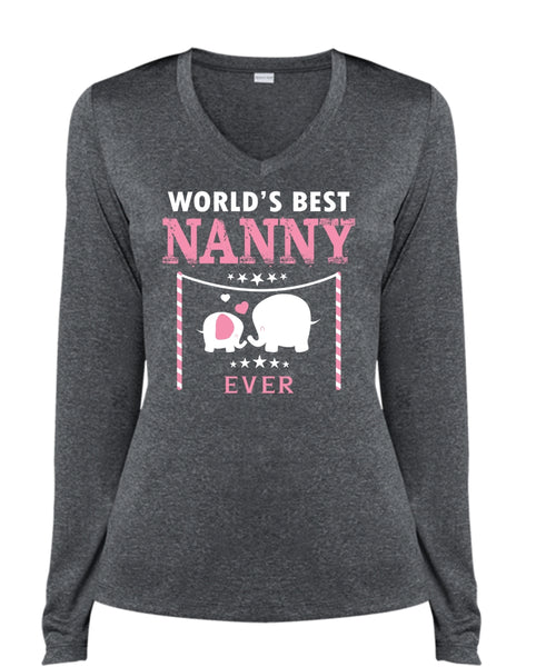 World's Best Nanny Ever T Shirt, Mother's Day T Shirt, Being A Mom T Shirt (Ladies LS Heather V-Neck)