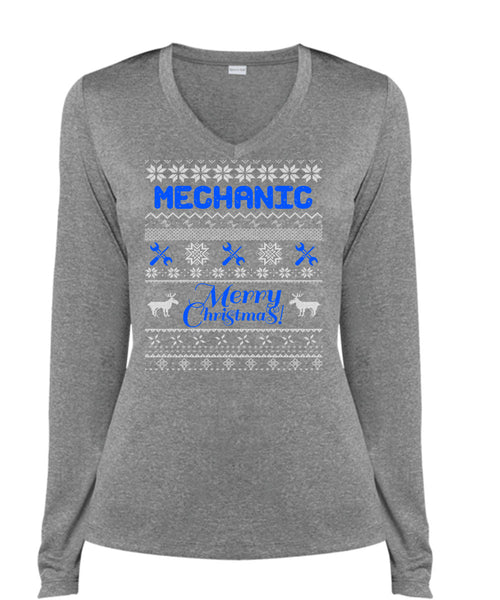 Mechanic Merry Christmas T Shirt, Being A Mechanic T Shirt, Cool Shirt (Ladies LS Heather V-Neck)