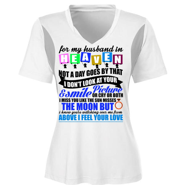 For My Husband In Heaven T Shirt, Smile Picture T Shirt, Cool Shirt (Ladies LS Heather V-Neck)