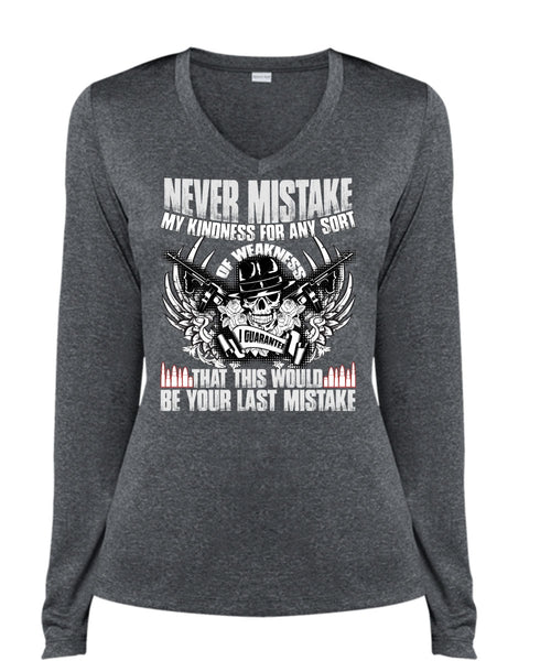 Never Mistake My Kindness T Shirt, Being A Veteran T Shirt, Cool Shirt (Ladies LS Heather V-Neck)
