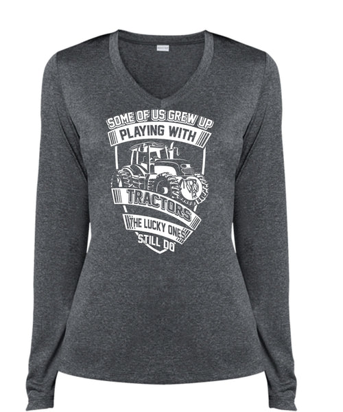 Playing With Tractors T Shirt, Being A Trucker T Shirt, Cool Shirt (Ladies LS Heather V-Neck)