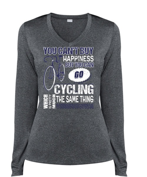 You Can Go Cycling T Shirt, You Can't Buy Happiness T Shirt, Cool Shirt (Ladies LS Heather V-Neck)