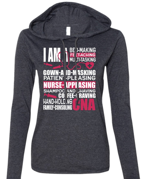 Family Consoling CNA T Shirt, Patient Pleasing T Shirt (Anvil Ladies Ringspun Hooded)