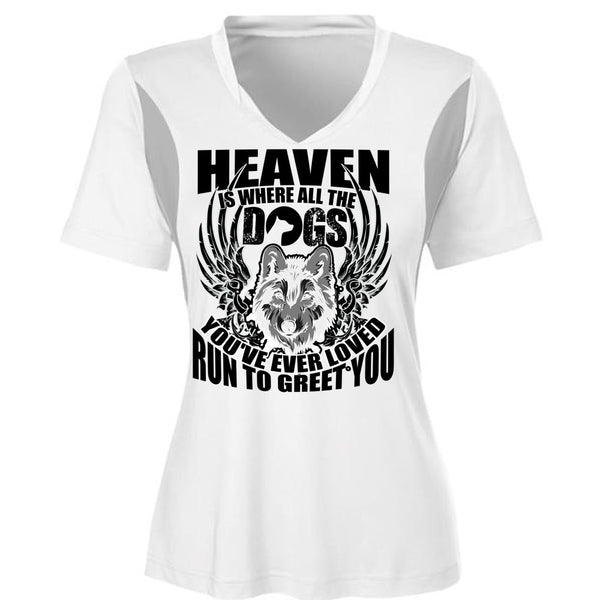 Heaven Is Where All The Dogs T Shirt, Run To Greet You T Shirt, Cool Shirt (Ladies LS Heather V-Neck)