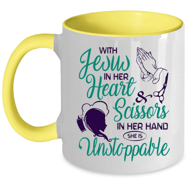 She Is Unstoppable Coffee Mug, With Scissors In Her Hand Accent Mug