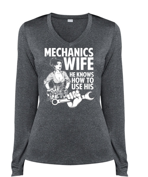 Mechanic's Wife T Shirt, He Knows How To Use His T Shirt, Cool Shirt (Ladies LS Heather V-Neck)