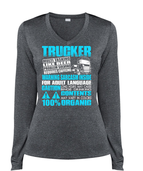 Trucker Multitasking Like Beer T Shirt, I Love Beer T Shirt, Cool Shirt (Ladies LS Heather V-Neck)