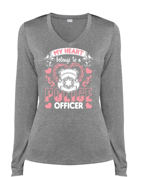 My Heart Belongs To A Police Officer T Shirt, Being A Police T Shirt, Cool Shirt (Ladies LS Heather V-Neck)