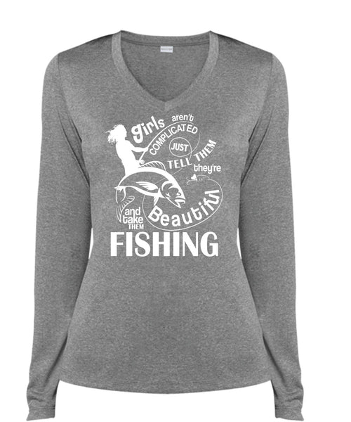 Take Them Beautiful Fishing T Shirt, Girls Aren't Complicated T Shirt, Cool Shirt (Ladies LS Heather V-Neck)