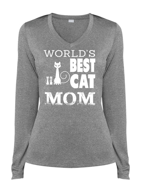World's Best Cat Mom T Shirt, Family T Shirt, Being A Mom T Shirt (Ladies LS Heather V-Neck)