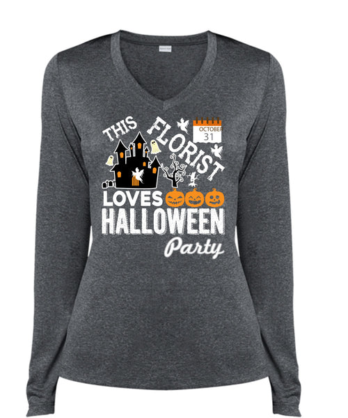 This Florist Loves Halloween Party T Shirt, I Love Florist T Shirt, Cool Shirt (Ladies LS Heather V-Neck)