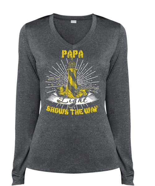 Papa The Guiding Light T Shirt, Being A Papa T Shirt, Cool Shirt (Ladies LS Heather V-Neck)