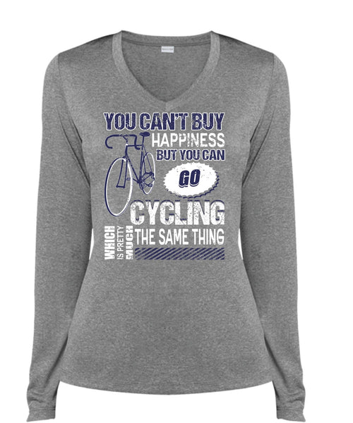 You Can Go Cycling T Shirt, You Can't Buy Happiness T Shirt, Cool Shirt (Ladies LS Heather V-Neck)