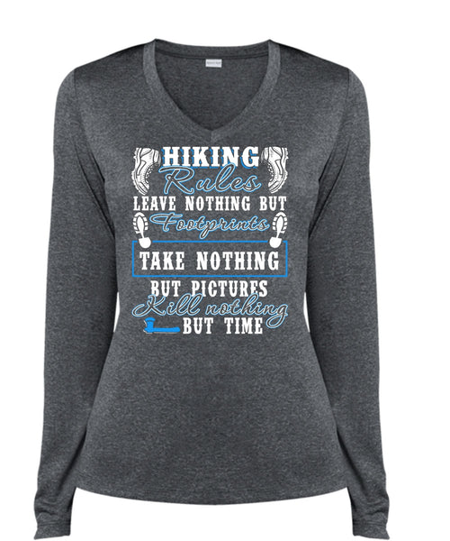 Hiking Rules T Shirt, Footprint T Shirt, Cool Shirt (Ladies LS Heather V-Neck)