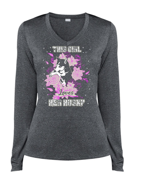 This Girl Loves Her Husky T Shirt, My Pets T Shirt, Cool Shirt (Ladies LS Heather V-Neck)
