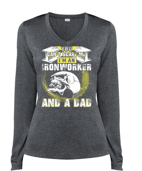 Ironworker And A Dad T Shirt, You Can't Scare Me T Shirt, Cool Shirt (Ladies LS Heather V-Neck)