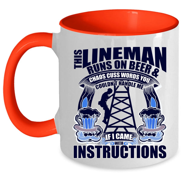 Awesome Linemans Coffee Mug, This Lineman Runs On Beer Accent Mug