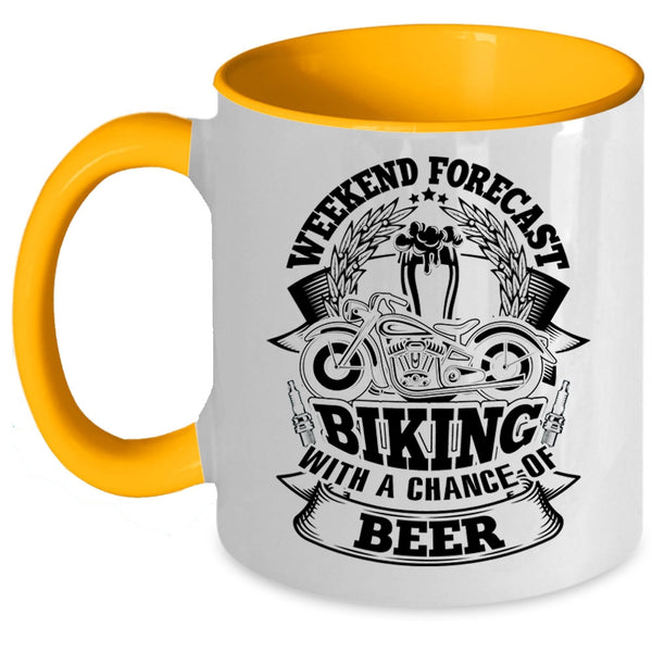 Funny Biking Coffee Mug, Weekend Forecast Biking With A Chance Of Beer Accent Mug