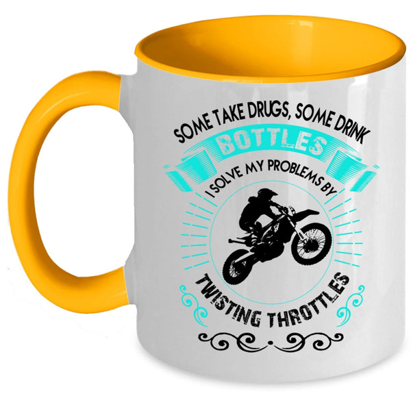 Funny Motorcycles Coffee Mug, I Solve My Problems By Twisting Throttles Accent Mug