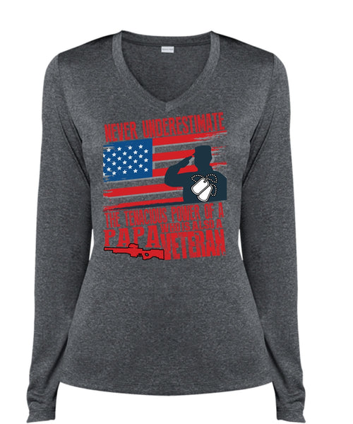 Papa Who Is Also A Veteran T Shirt, Being A Papa T Shirt, Cool Shirt (Ladies LS Heather V-Neck)