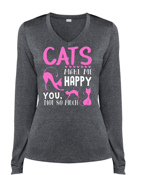 Cats Make Me Happy T Shirt, Pets T Shirt, I Love Cat T Shirt (Ladies LS Heather V-Neck)