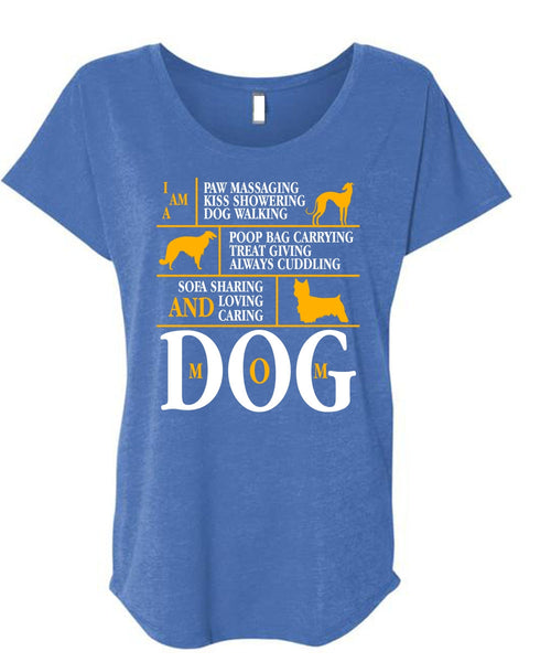 Loving Caring Dog Mom T Shirt, Kiss Showering Dog Walking T Shirt, Cool Shirt (Ladies' Triblend Dolman Sleeve)