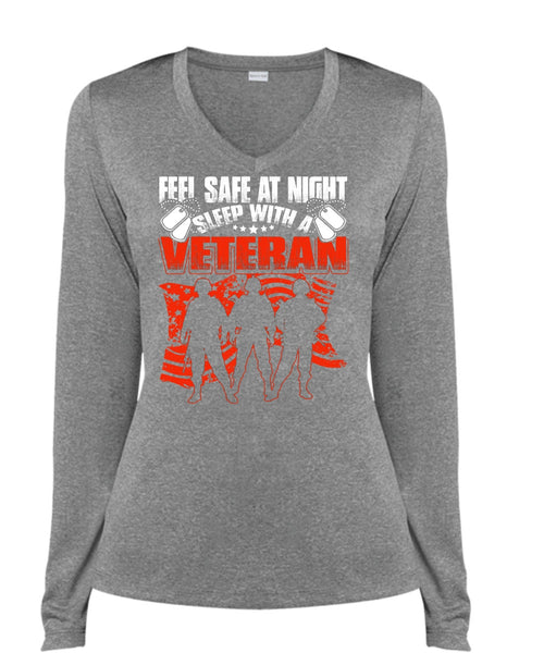 Sleep With A Veteran T Shirt, Being A Veteran T Shirt, Cool Shirt (Ladies LS Heather V-Neck)