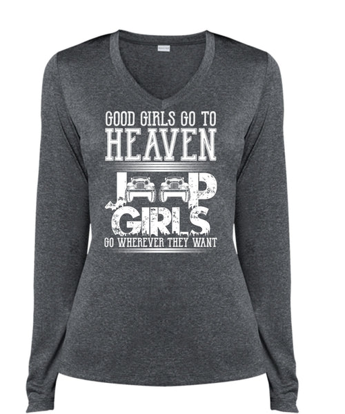 Good Girls Go To Heaven Jeep Girls T Shirt, Being A Driver T Shirt, Cool Shirt (Ladies LS Heather V-Neck)