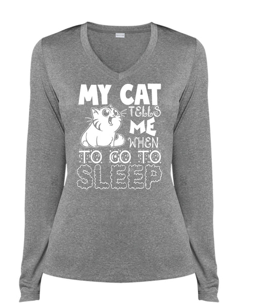 My Cat Tells Me T Shirt, To Go To Sleep T Shirt, Cool Shirt (Ladies LS Heather V-Neck)