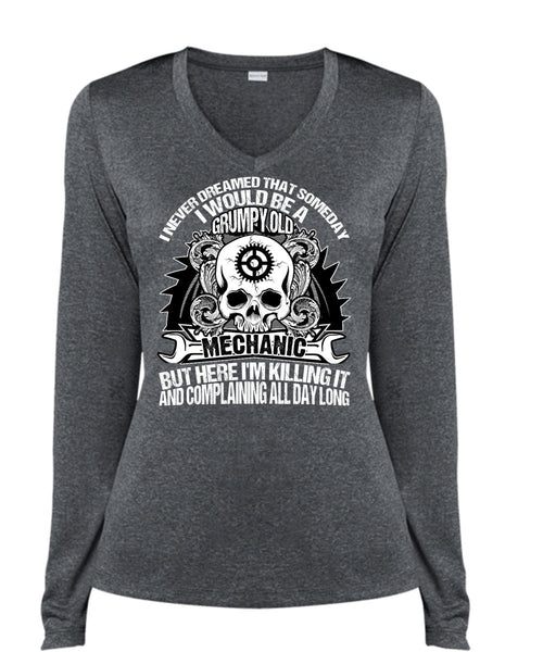Grumpy Old Mechanic T Shirt, Being A Mechanic T Shirt, Cool Shirt (Ladies LS Heather V-Neck)