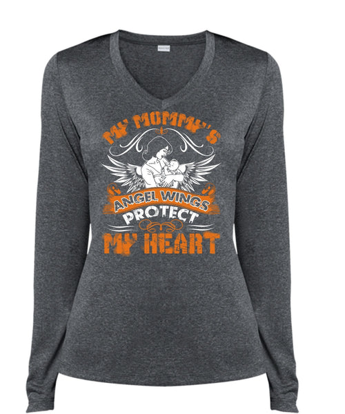 My Mommy's Angel Wings T Shirt, Protect My Heart T Shirt, Cool Shirt (Ladies LS Heather V-Neck)