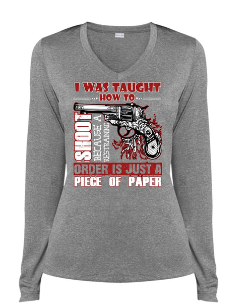 I Was Taught How To Shoot T Shirt, Being A Hunter T Shirt, Cool Shirt (Ladies LS Heather V-Neck)