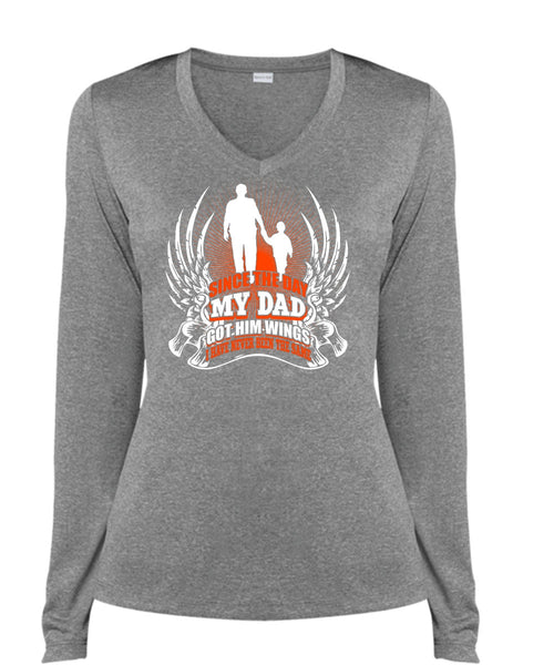 Since The Day My Dad Got Him Wings T Shirt, Being A Papa T Shirt, Cool Shirt (Ladies LS Heather V-Neck)