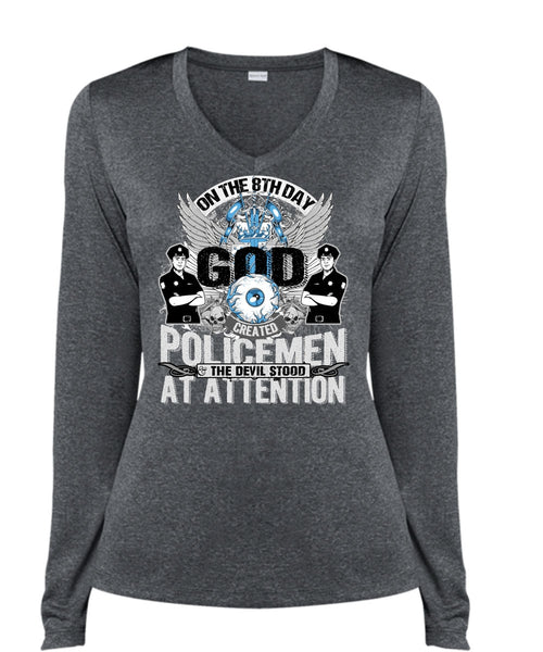 God Created Policemen T Shirt, I Love Police T Shirt, Cool Shirt (Ladies LS Heather V-Neck)