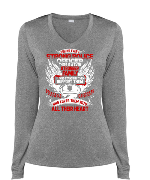 Behind Every Strong Police Officer T Shirt, Stronger Family T Shirt, Cool Shirt (Ladies LS Heather V-Neck)