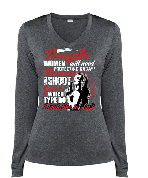 Women Will Shoot T Shirt, Being A Gunner T Shirt, Cool Shirt (Ladies LS Heather V-Neck)