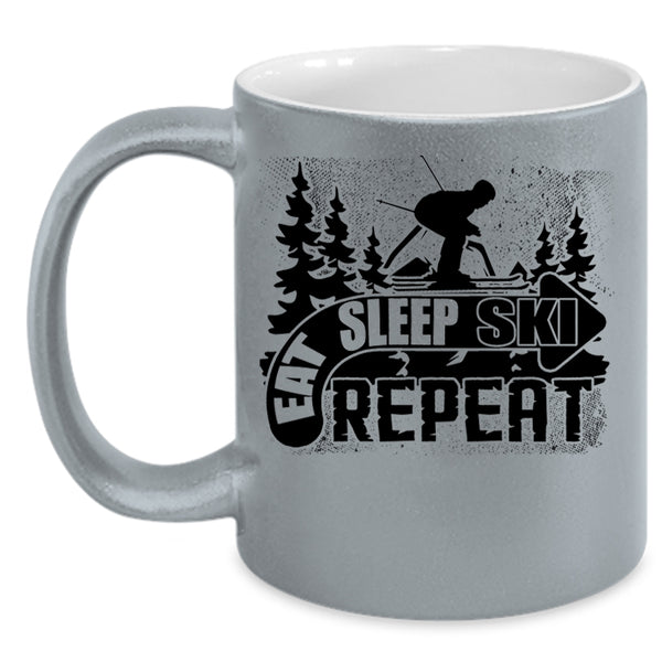 Outdoor Activity Coffee Mug, Eat Sleep Ski Repeat Accent Mug